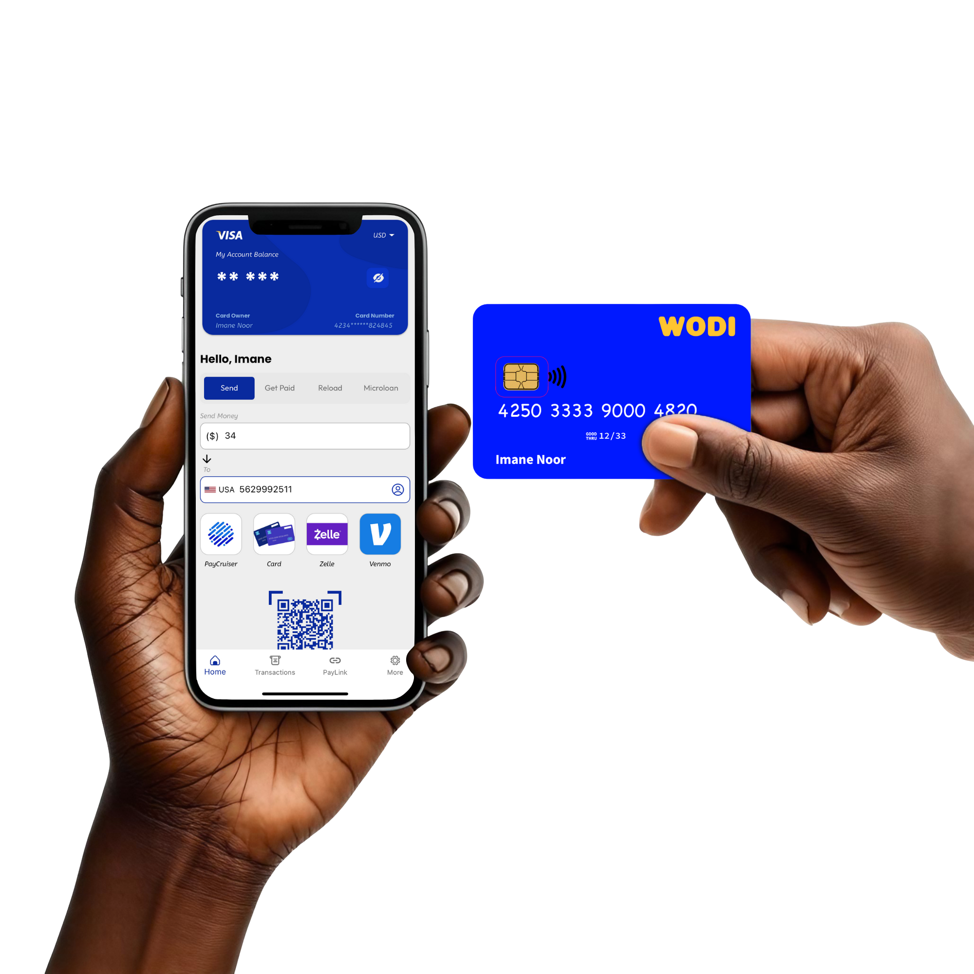 WODI App and Card showing financial transactions